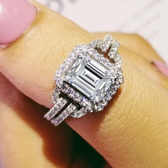 NEW 925 Sterling Silver Diamond Radiant Halo Ring - Picture 1 of 6